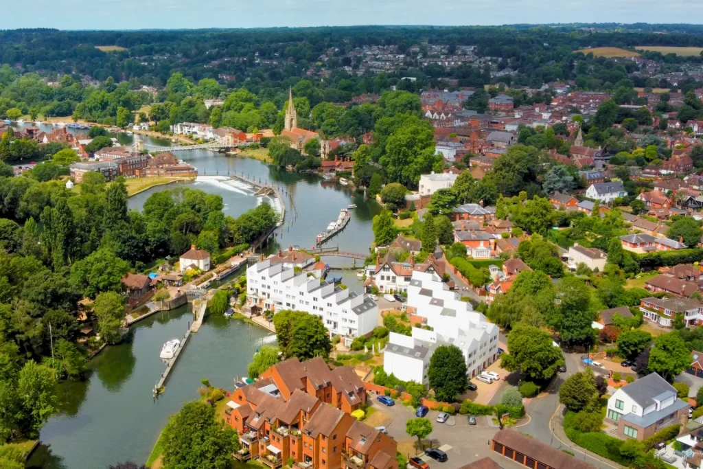 Marlow from the air, the River Thames and the town centre